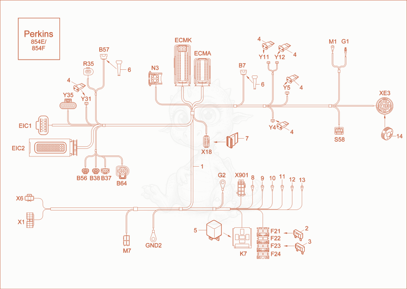 Exploded parts diagram of the wiring harness engine of a Wacker Neuson EW100, with numbered balloons