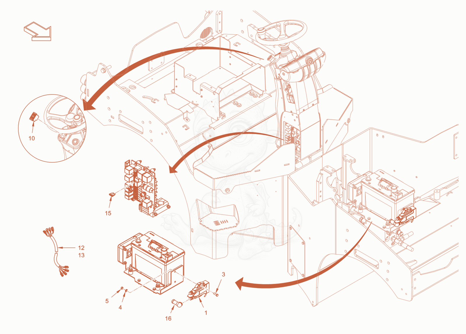Exploded parts diagram of the battery isolating switch of a Wacker Neuson RD40-130CDPF, with numbered balloons