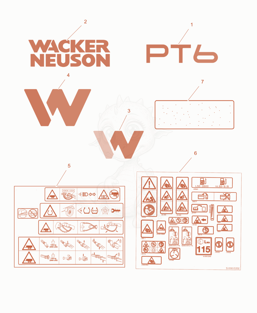 Exploded parts diagram of the Labels of a Wacker Neuson PT6Y-SA, with numbered balloons