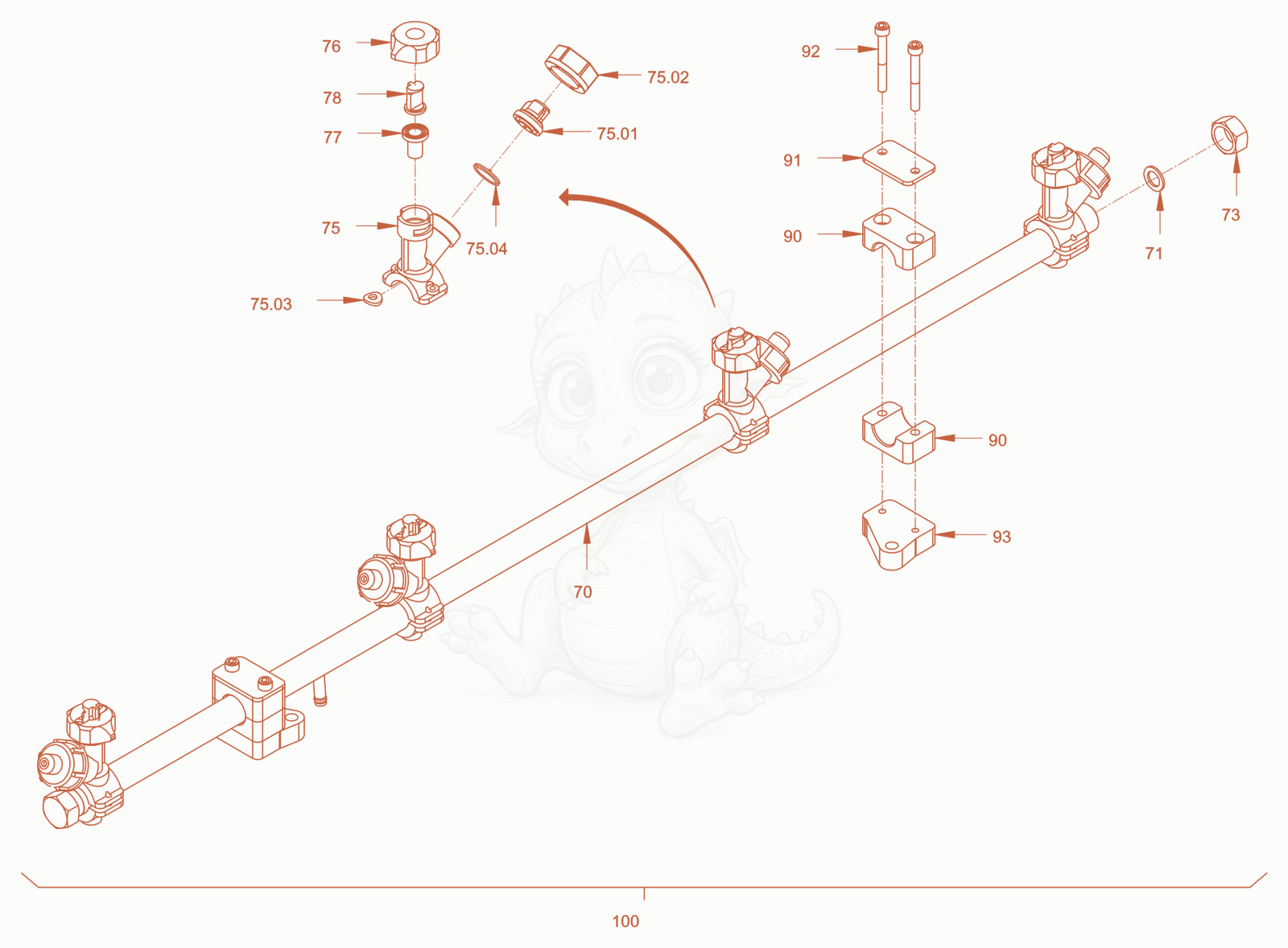 Exploded parts diagram of the sprinkling of a Wacker Neuson RD28-120DPF, with numbered balloons