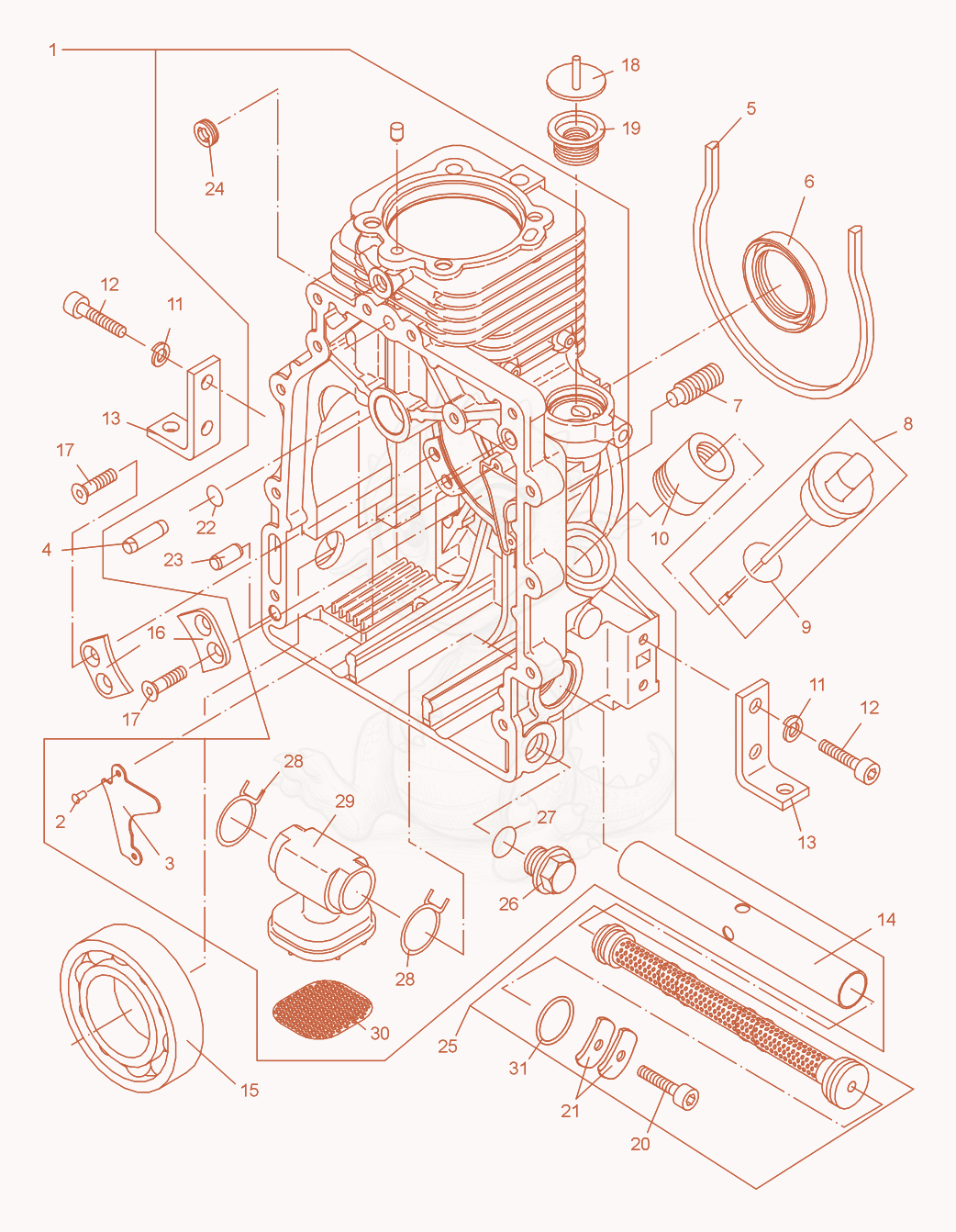Exploded parts diagram of the Crankcase of a Wacker Neuson DPU2450H, with numbered balloons