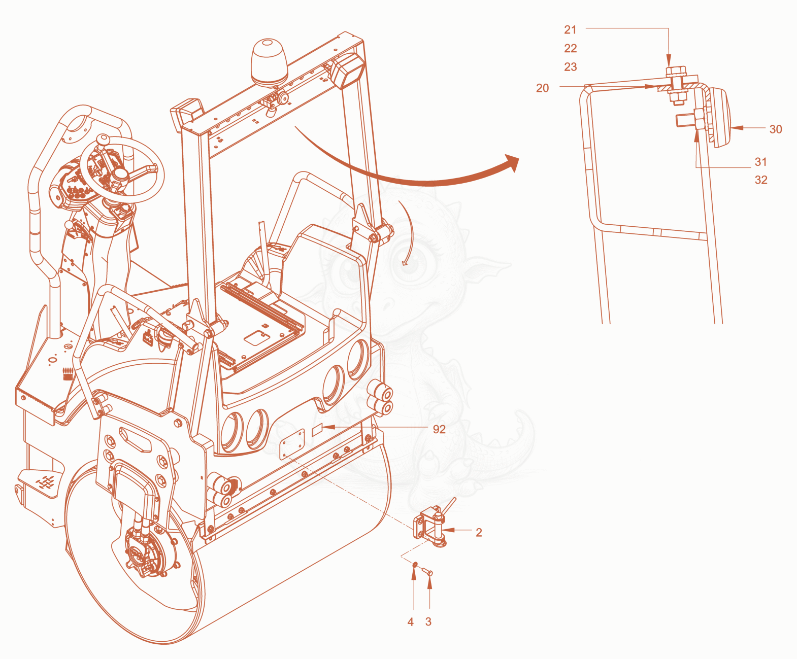 Exploded parts diagram of the trailer coupling of a Wacker Neuson RD45-140C, with numbered balloons