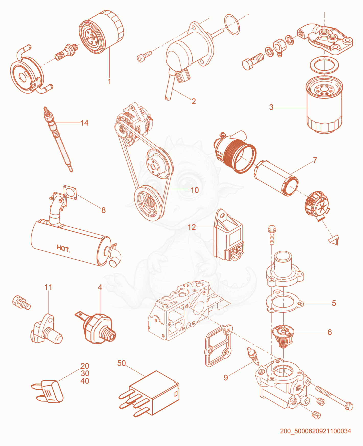 Exploded parts diagram of the Engine Service Parts of a Wacker Neuson CRT60-66K, with numbered balloons