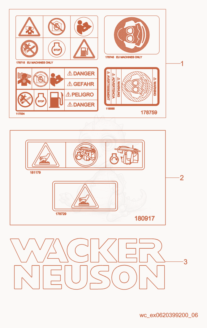 Exploded parts diagram of the Labels of a Wacker Neuson BV35A-PEU, with numbered balloons