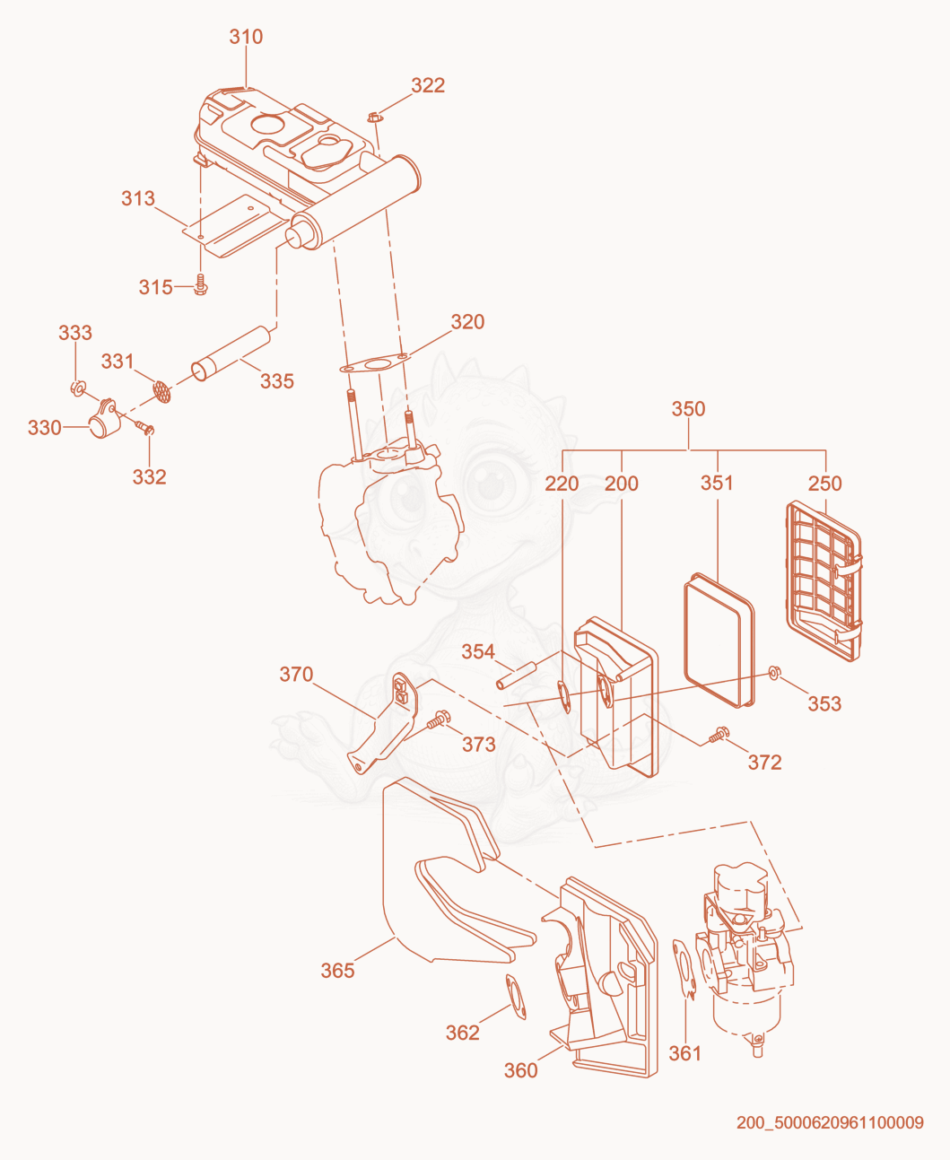 Exploded parts diagram of the Air Cleaner/Carburetor of a Wacker Neuson GPSI3200, with numbered balloons