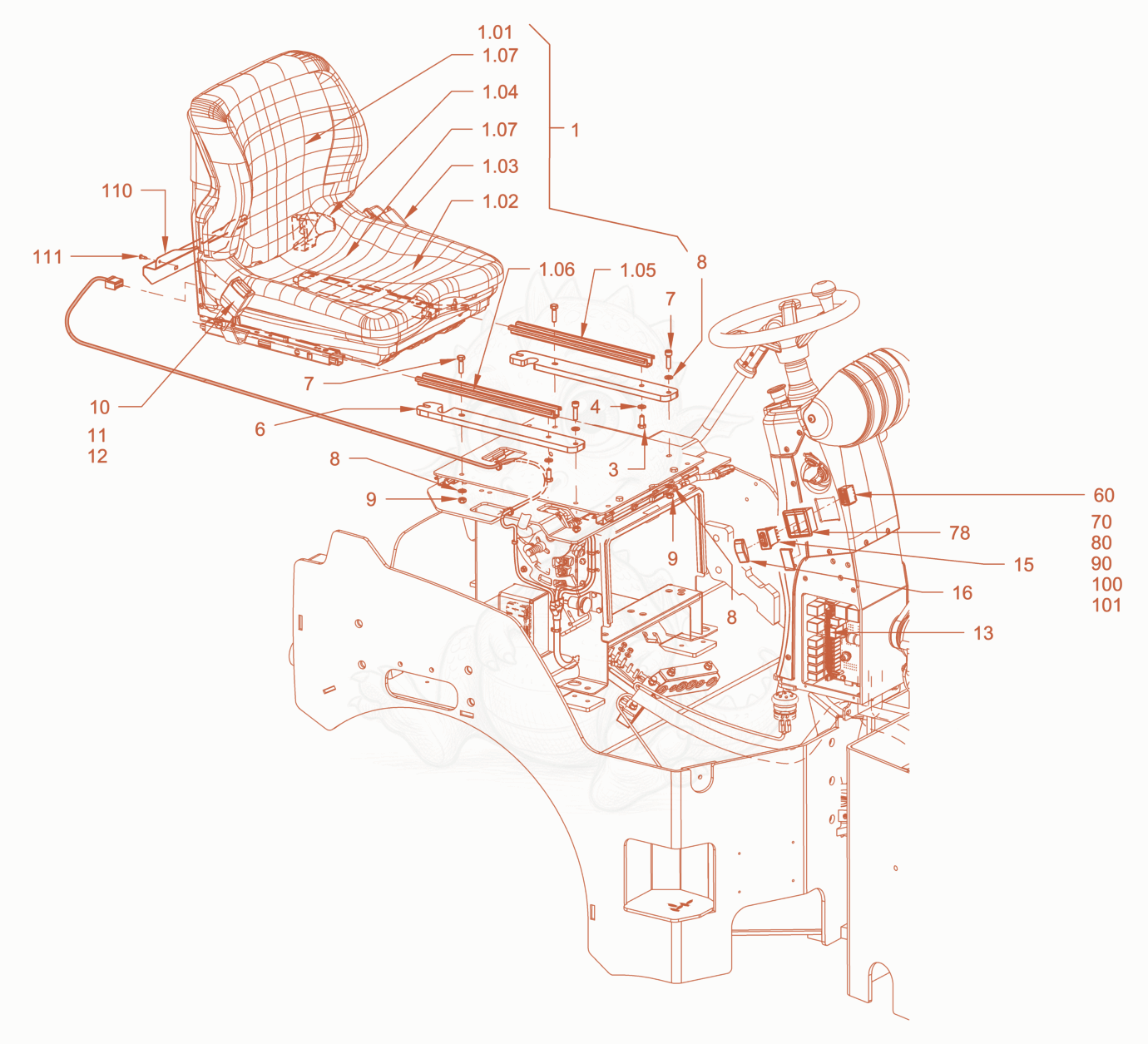 Exploded parts diagram of the driver's seat of a Wacker Neuson RD28-120DPF, with numbered balloons