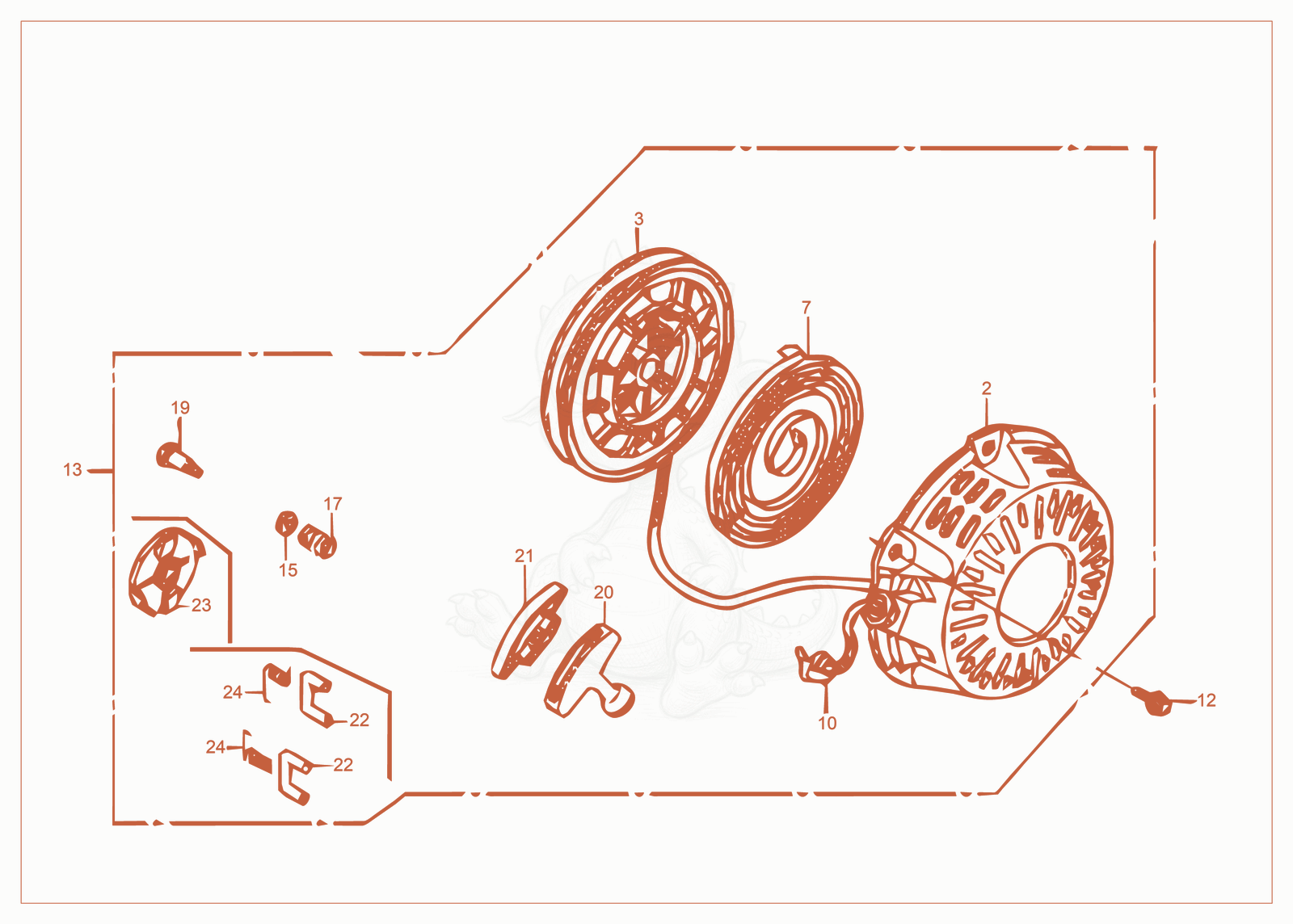 Exploded parts diagram of the Recoil starter of a Wacker Neuson PDI3A(I), with numbered balloons