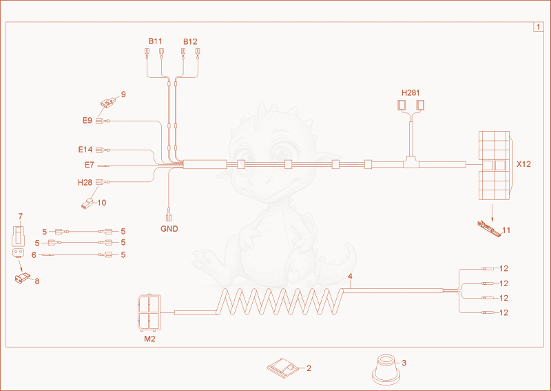 Despiece del wiring harness roof de una máquina Wacker Neuson 28Z3, con globos numerados