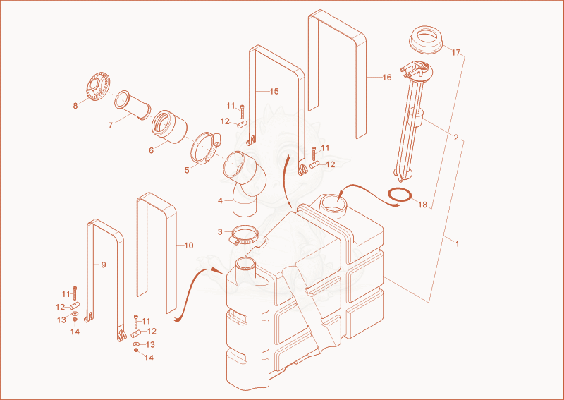 Exploded parts diagram of the fuel tank of a Wacker Neuson 28Z3, with numbered balloons