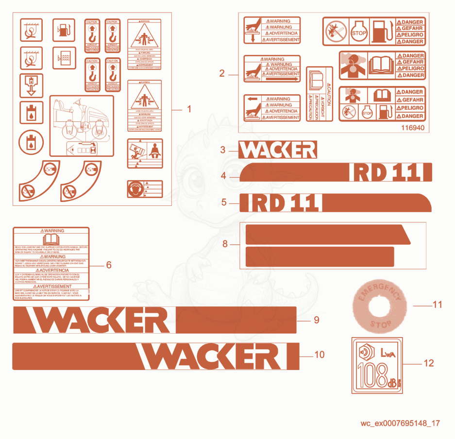 Exploded parts diagram of the Labels of a Wacker Neuson RD11AEC, with numbered balloons