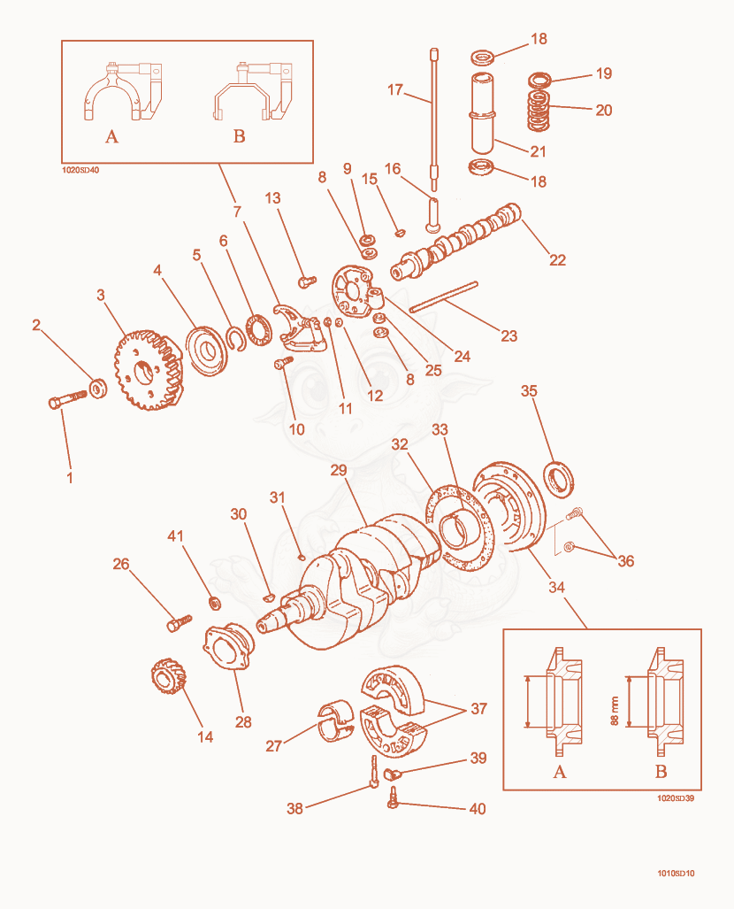 Despiece del Crankshaft/Timing/Speed Governor de una máquina Wacker Neuson RT820HT, con globos numerados