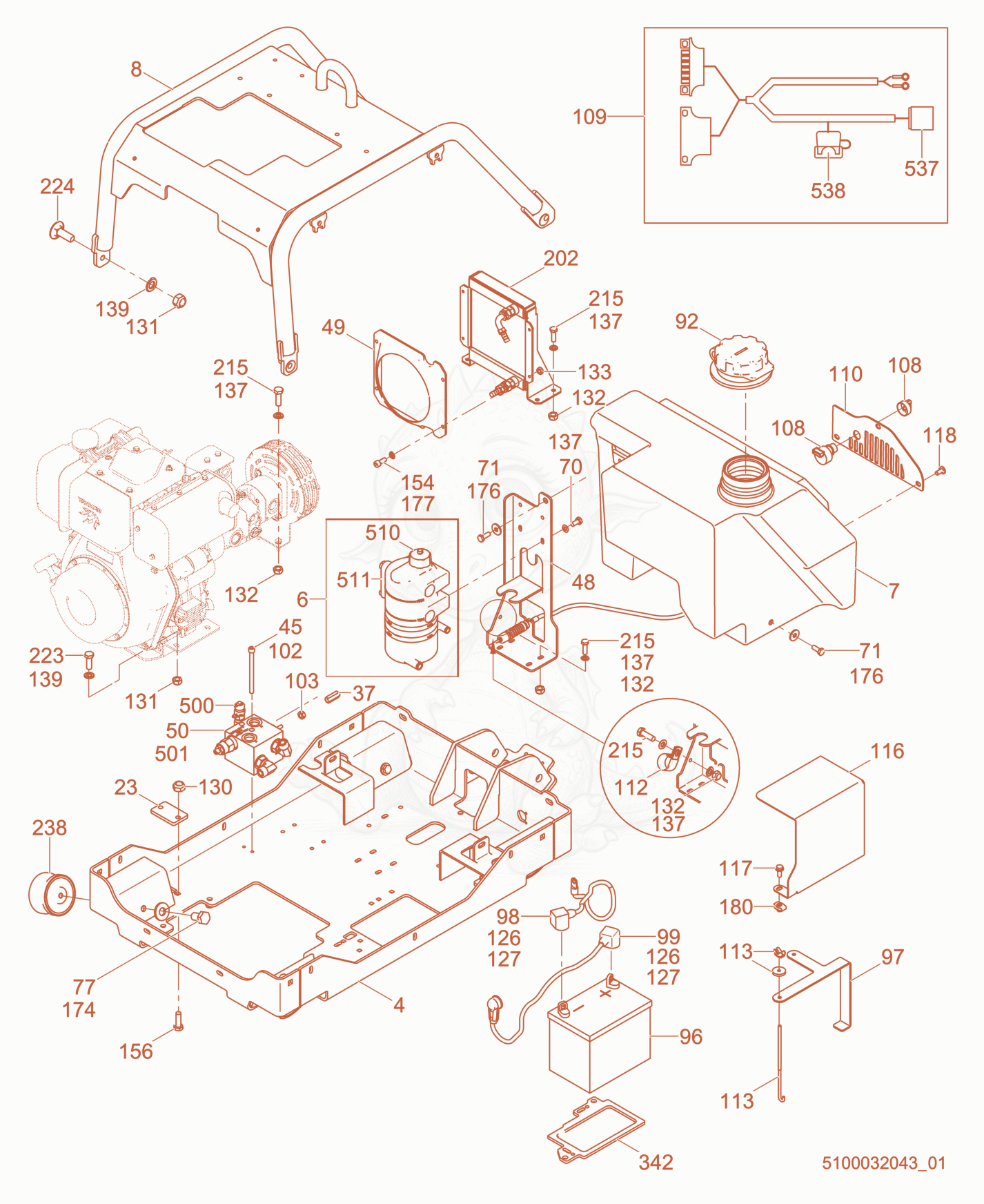 Exploded parts diagram of the Upper Frame cpl. of a Wacker Neuson RD7YE, with numbered balloons