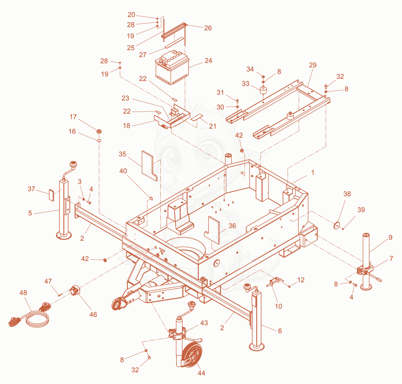 Exploded parts diagram of the frame with axle suspension, adjustable of a Wacker Neuson LTN5YCH, with numbered balloons