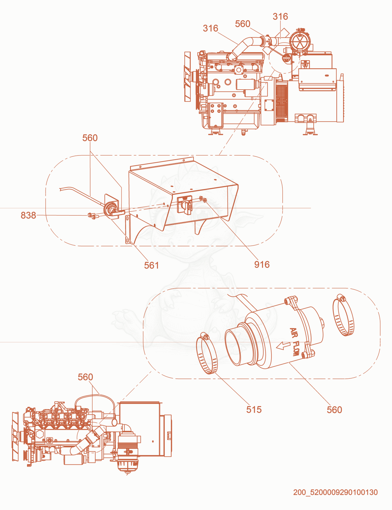 Despiece del Option-Positive Air Shutoff de una máquina Wacker Neuson G25, con globos numerados