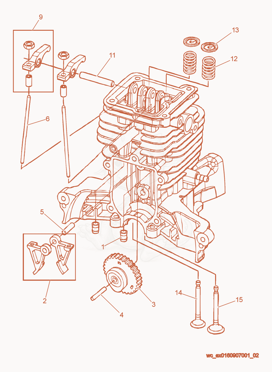 Despiece del Camshaft de una máquina Wacker Neuson P35, con globos numerados