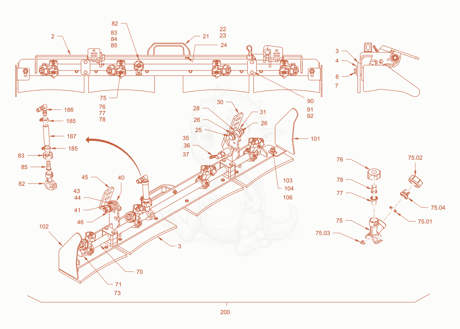 Exploded parts diagram of the scraper of a Wacker Neuson RD18-100C.3, with numbered balloons