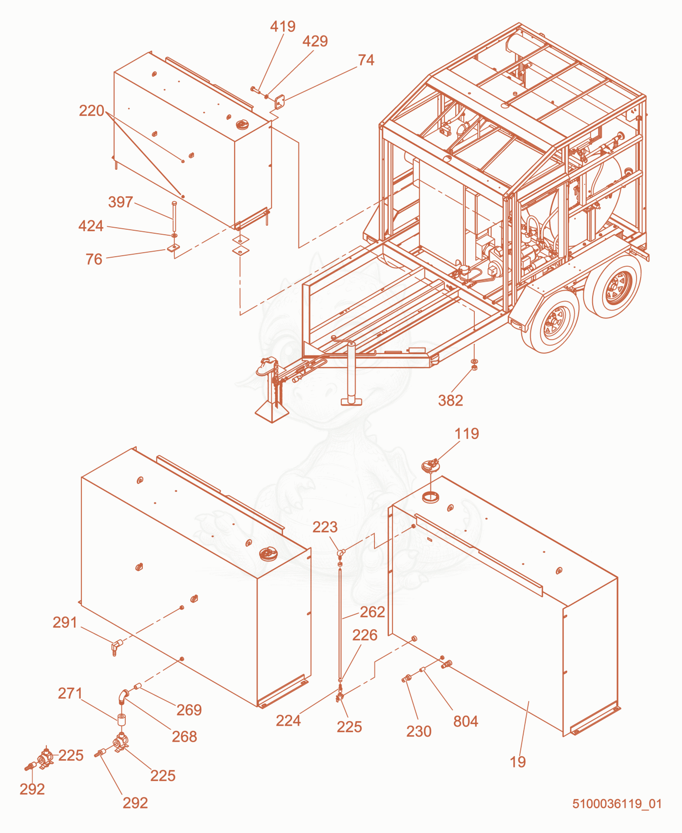Exploded parts diagram of the Fuel Tank Mounting of a Wacker Neuson E3000, with numbered balloons