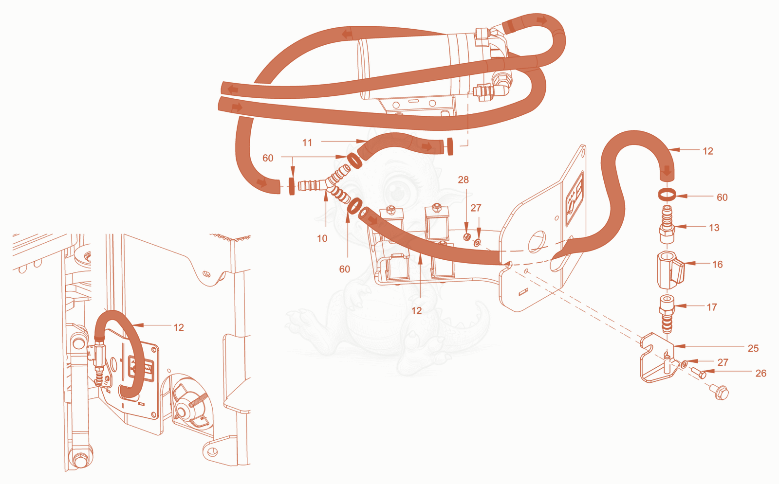 Exploded parts diagram of the antifreezing device of a Wacker Neuson RD45-140, with numbered balloons