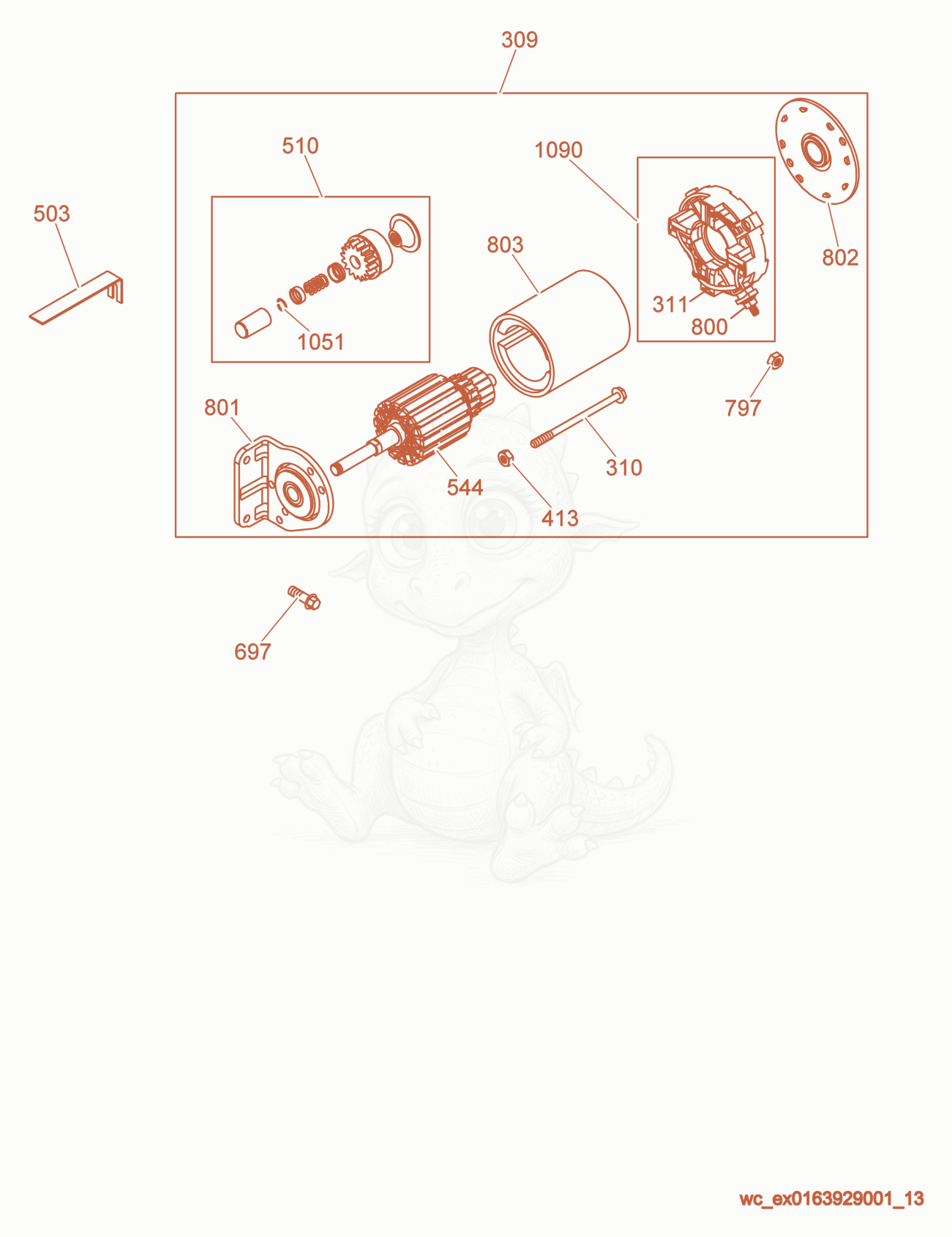 Exploded parts diagram of the Starter Motor of a Wacker Neuson PTS4V, with numbered balloons