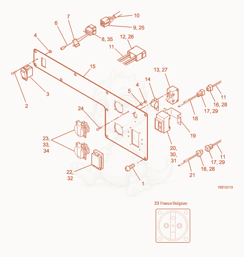 Exploded parts diagram of the Control Panel with Earth Leakage Circuit Breaker of a Wacker Neuson GS4.6AE, with numbered balloons