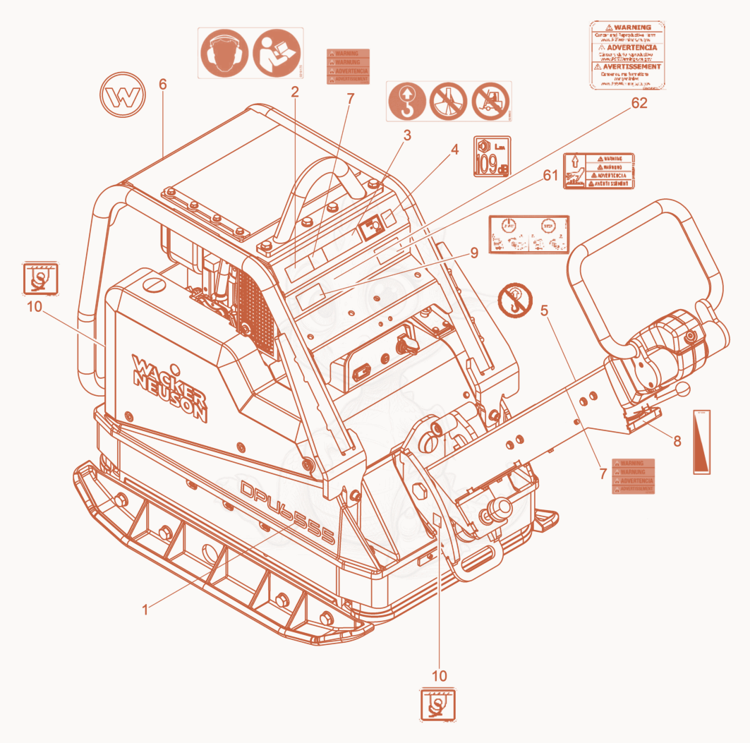 Exploded parts diagram of the Labels of a Wacker Neuson DPU6555HEHUS, with numbered balloons