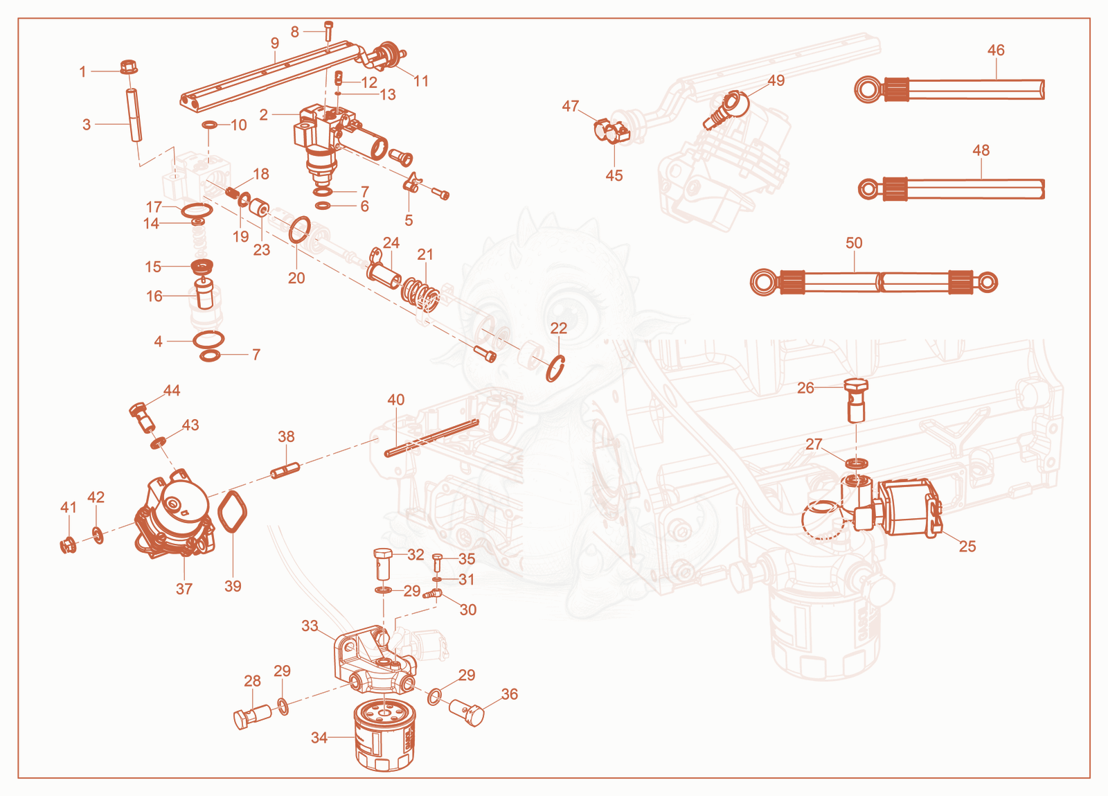 Despiece del Fuel System de una máquina Wacker Neuson RT-SC4, con globos numerados