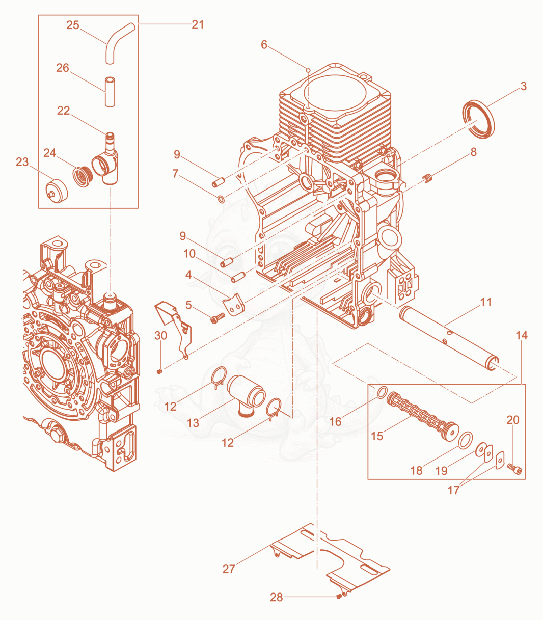 Exploded parts diagram of the Crankcase of a Wacker Neuson XPUKMAT, with numbered balloons