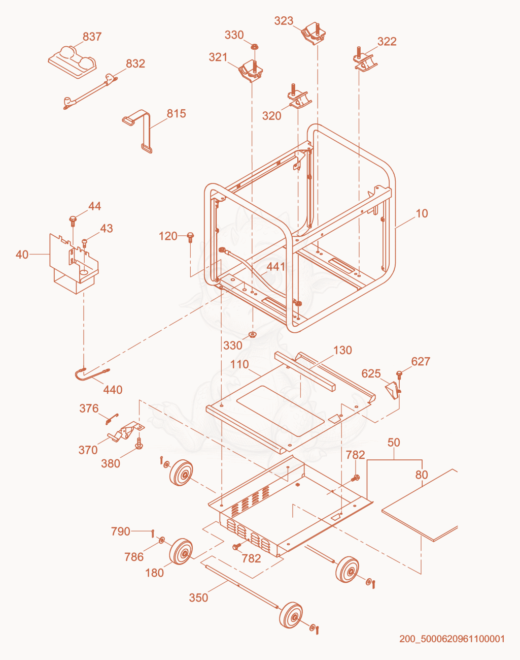 Exploded parts diagram of the Base Frame Kit of a Wacker Neuson GPSI3200, with numbered balloons