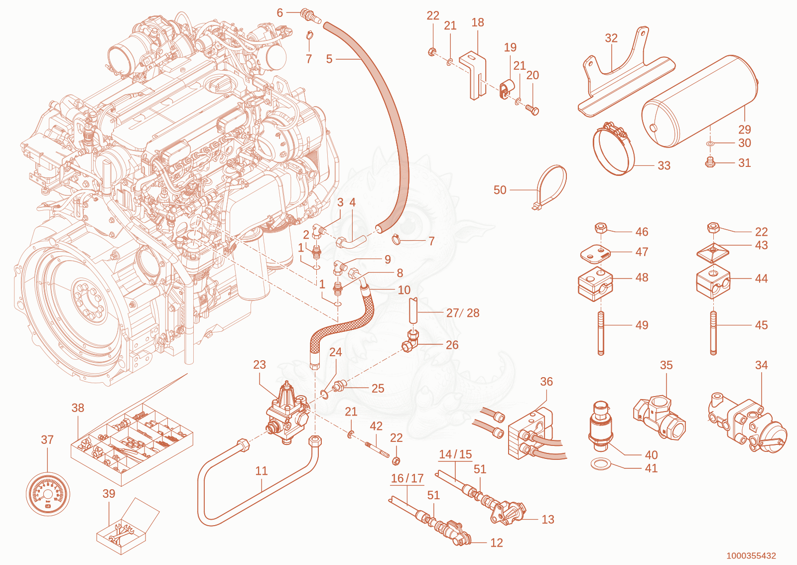 Exploded parts diagram of the Compressed air brake of a Wacker Neuson TH755(416-14), with numbered balloons