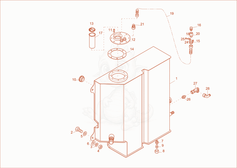Despiece del hydraulic tank de una máquina Wacker Neuson DW90, con globos numerados