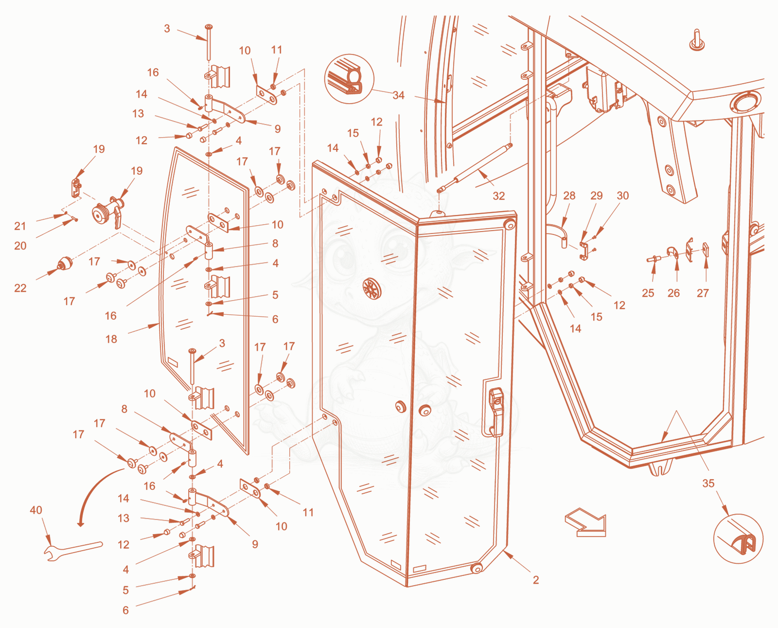Exploded parts diagram of the driver's cabin of a Wacker Neuson RD45-140, with numbered balloons