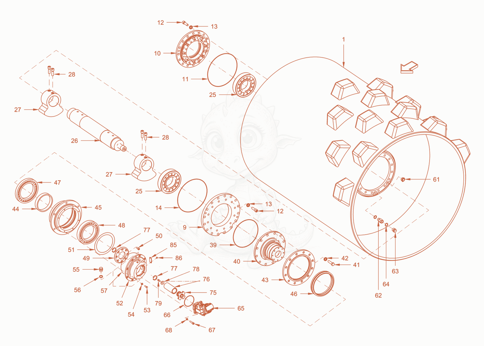 Exploded parts diagram of the Roller Drum of a Wacker Neuson RC50P, with numbered balloons
