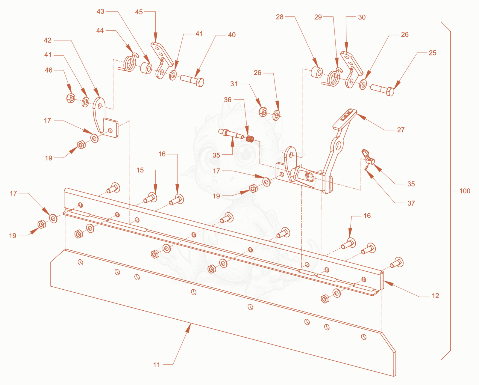 Exploded parts diagram of the foldable scraper of a Wacker Neuson RD18-100C, with numbered balloons