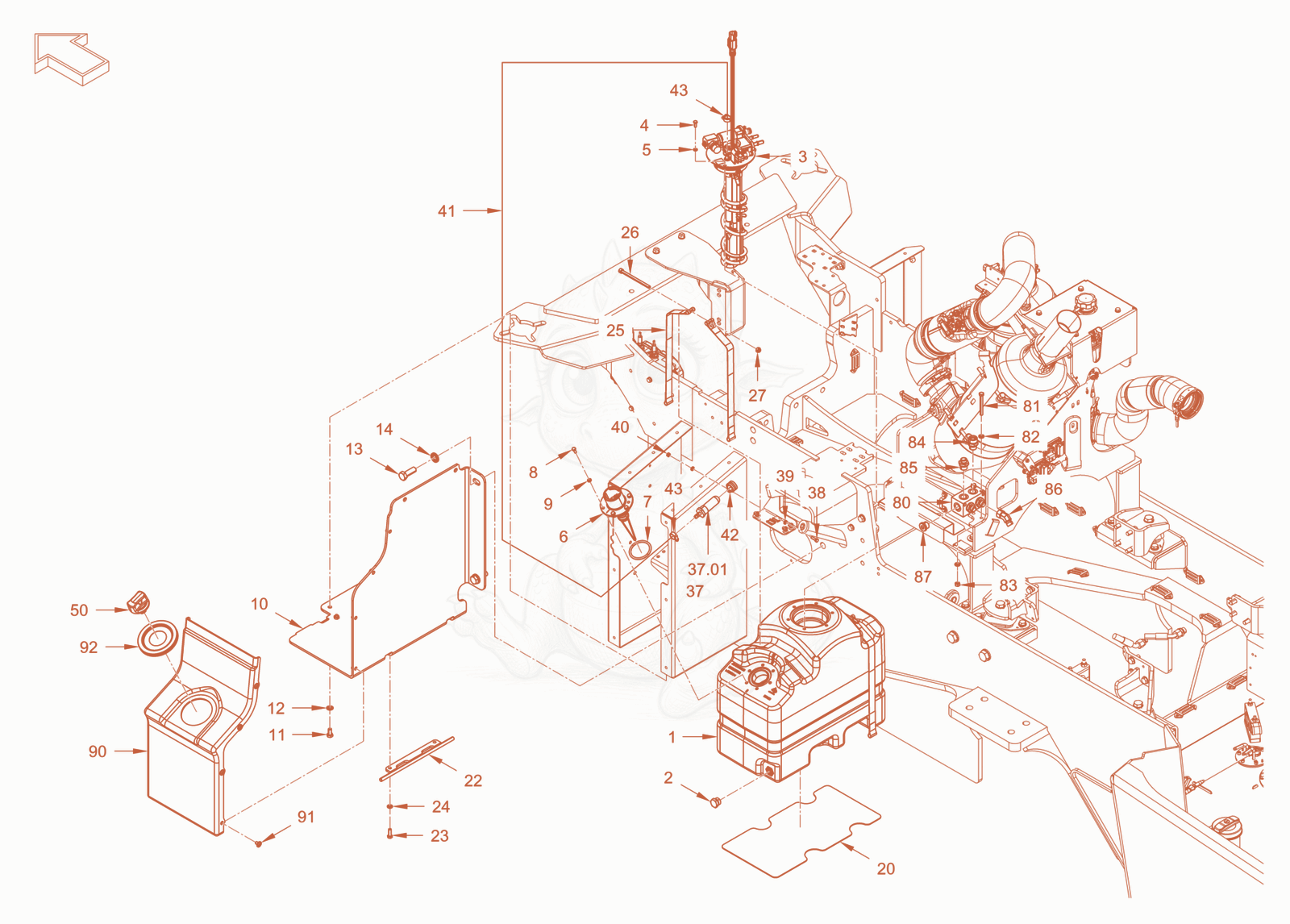 Exploded parts diagram of the exhaust aftertreatment of a Wacker Neuson RC110PCAB, with numbered balloons
