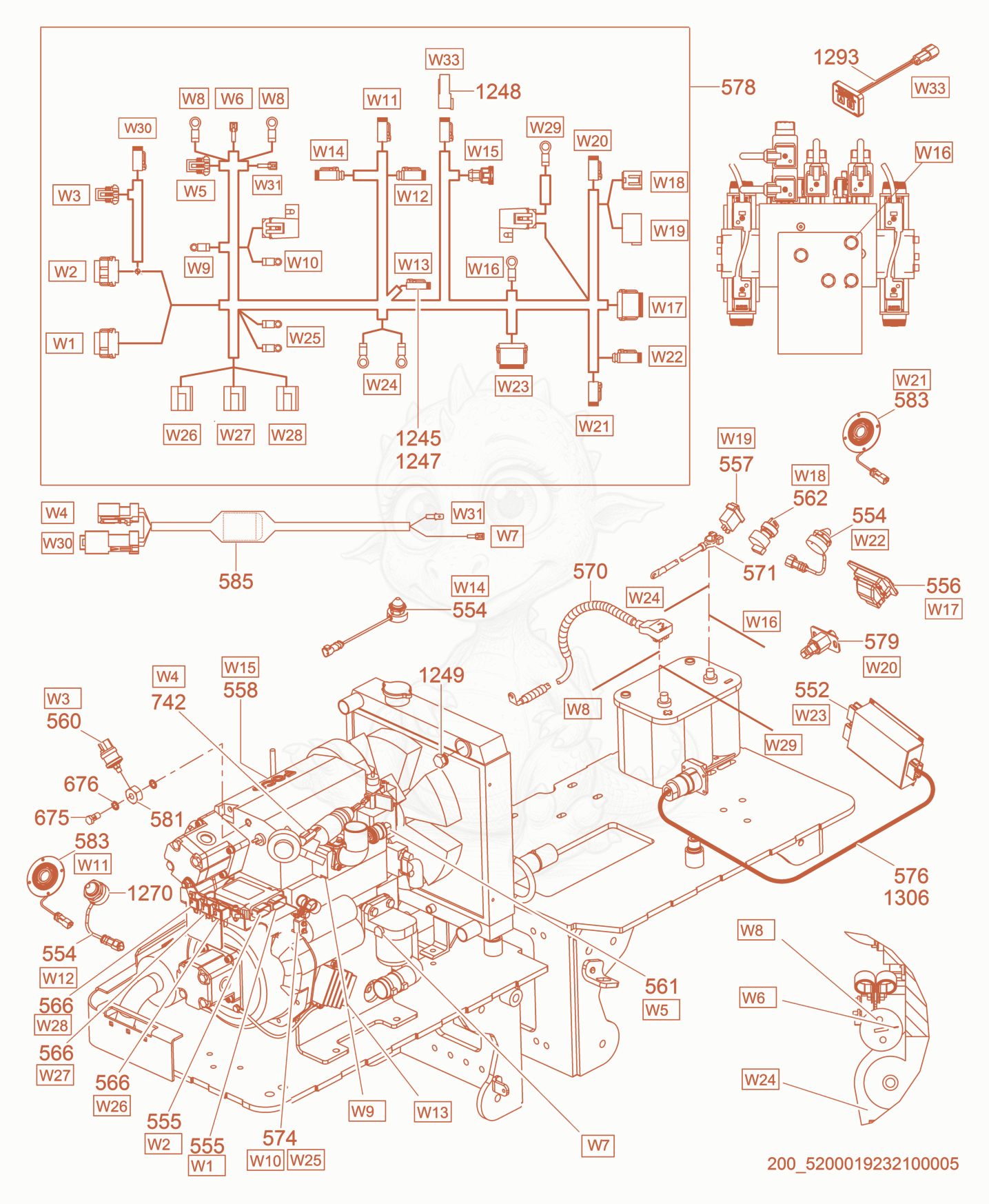 Exploded parts diagram of the Electric Equipment/Wiring of a Wacker Neuson RTLX-SC3, with numbered balloons