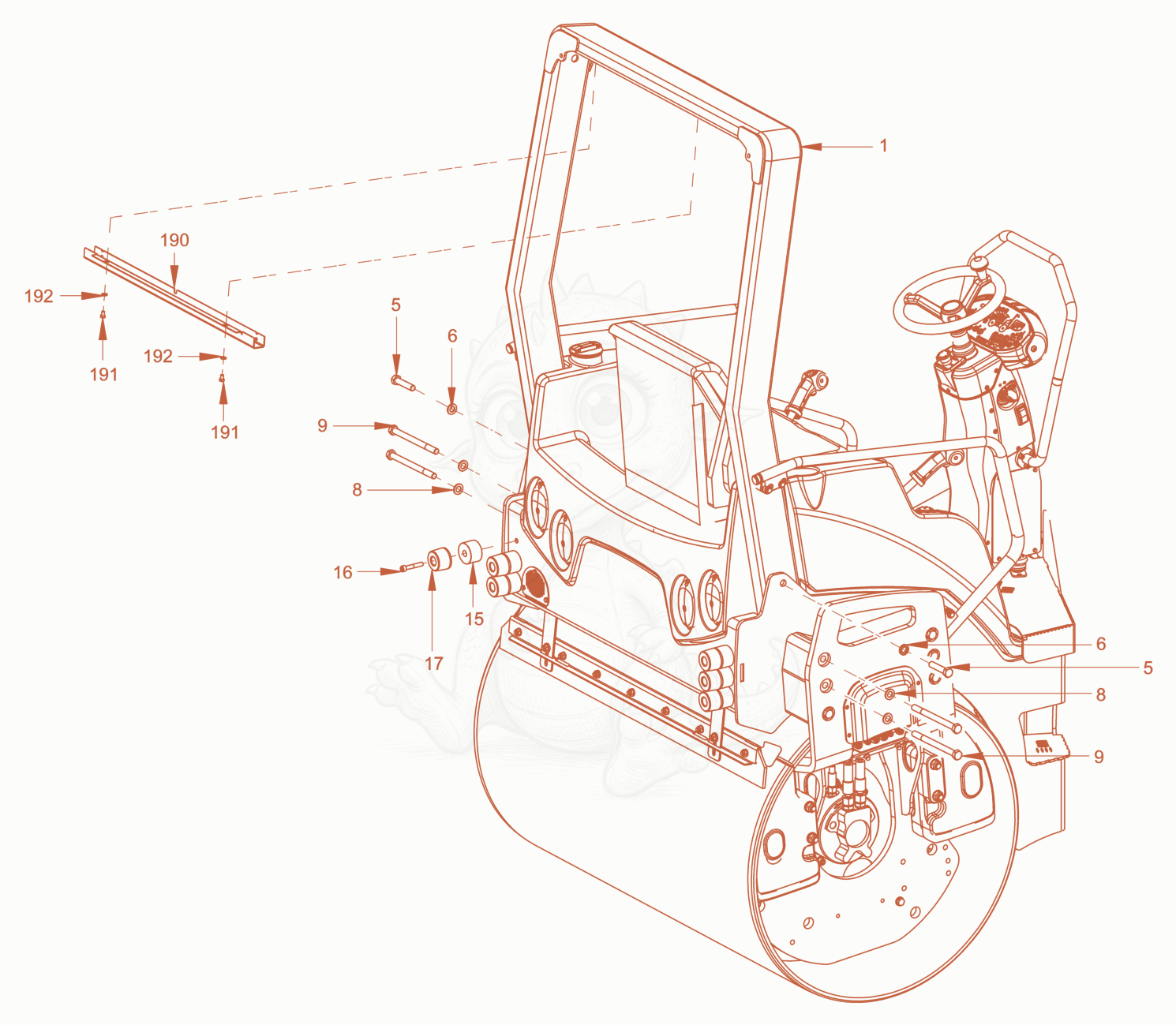 Exploded parts diagram of the rigid roll over protection of a Wacker Neuson RD40-130C.3, with numbered balloons