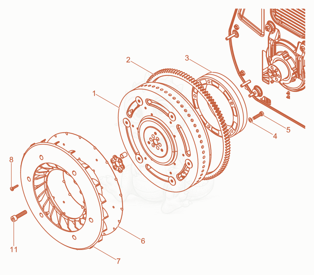 Exploded parts diagram of the Fly wheel of a Wacker Neuson XPUKMAT, with numbered balloons