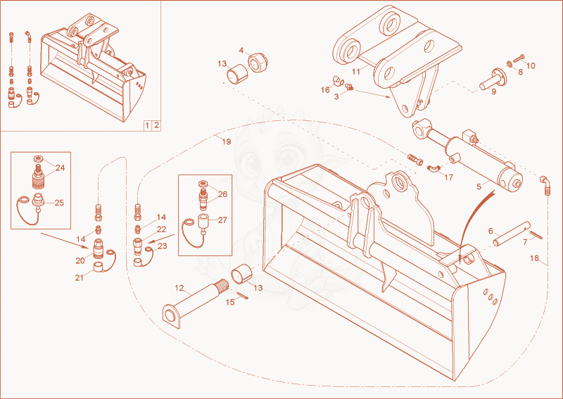 Exploded parts diagram of the tilting bucket of a Wacker Neuson 2003, with numbered balloons