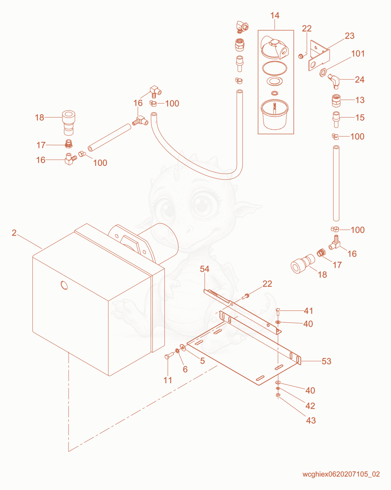 Exploded parts diagram of the Fuel System of a Wacker Neuson CUB700, with numbered balloons