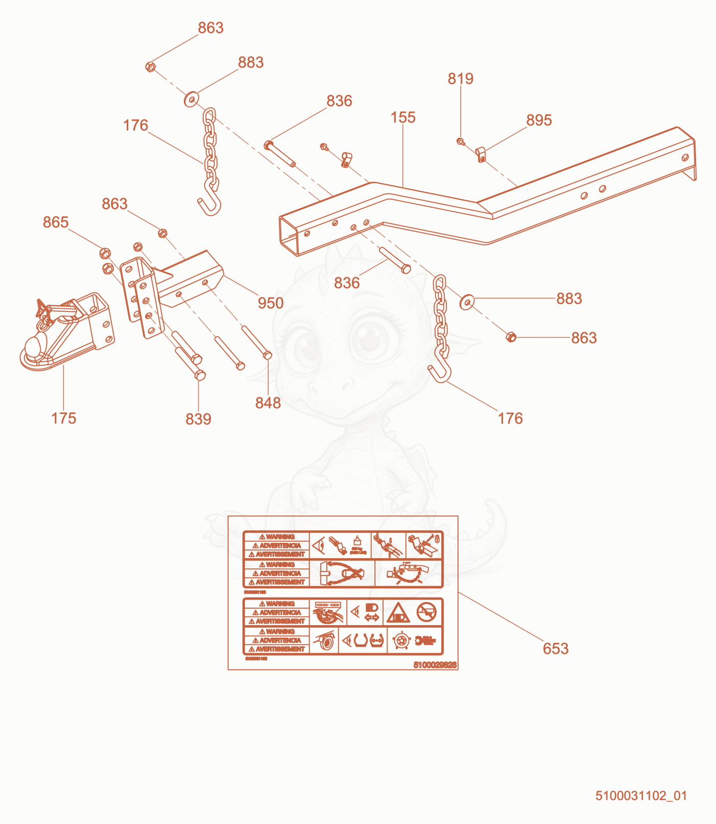 Exploded parts diagram of the Option-Adjustable Ball Coupler of a Wacker Neuson LTV6L, with numbered balloons