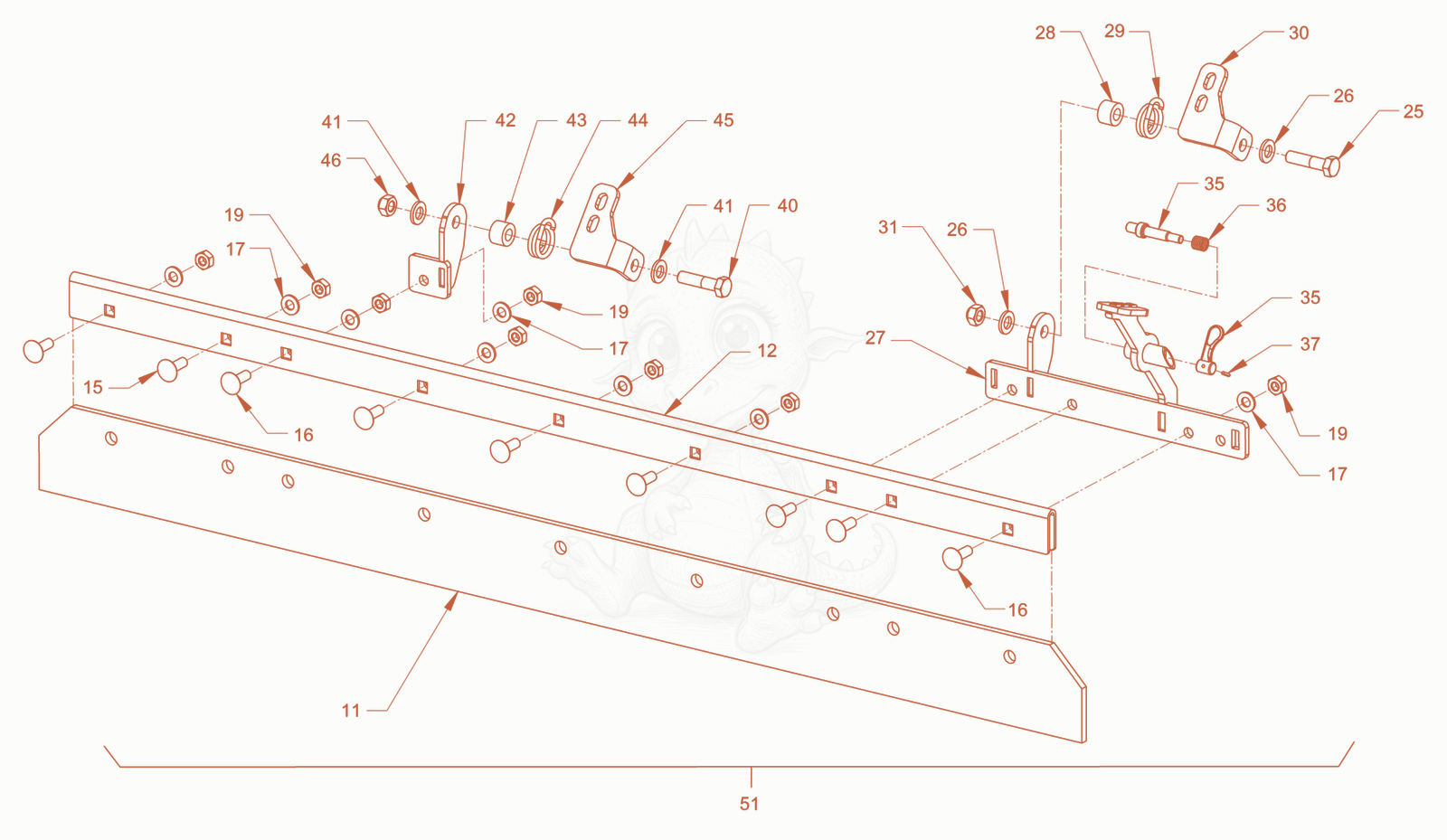 Exploded parts diagram of the foldable scraper of a Wacker Neuson RD40-130CDPF, with numbered balloons
