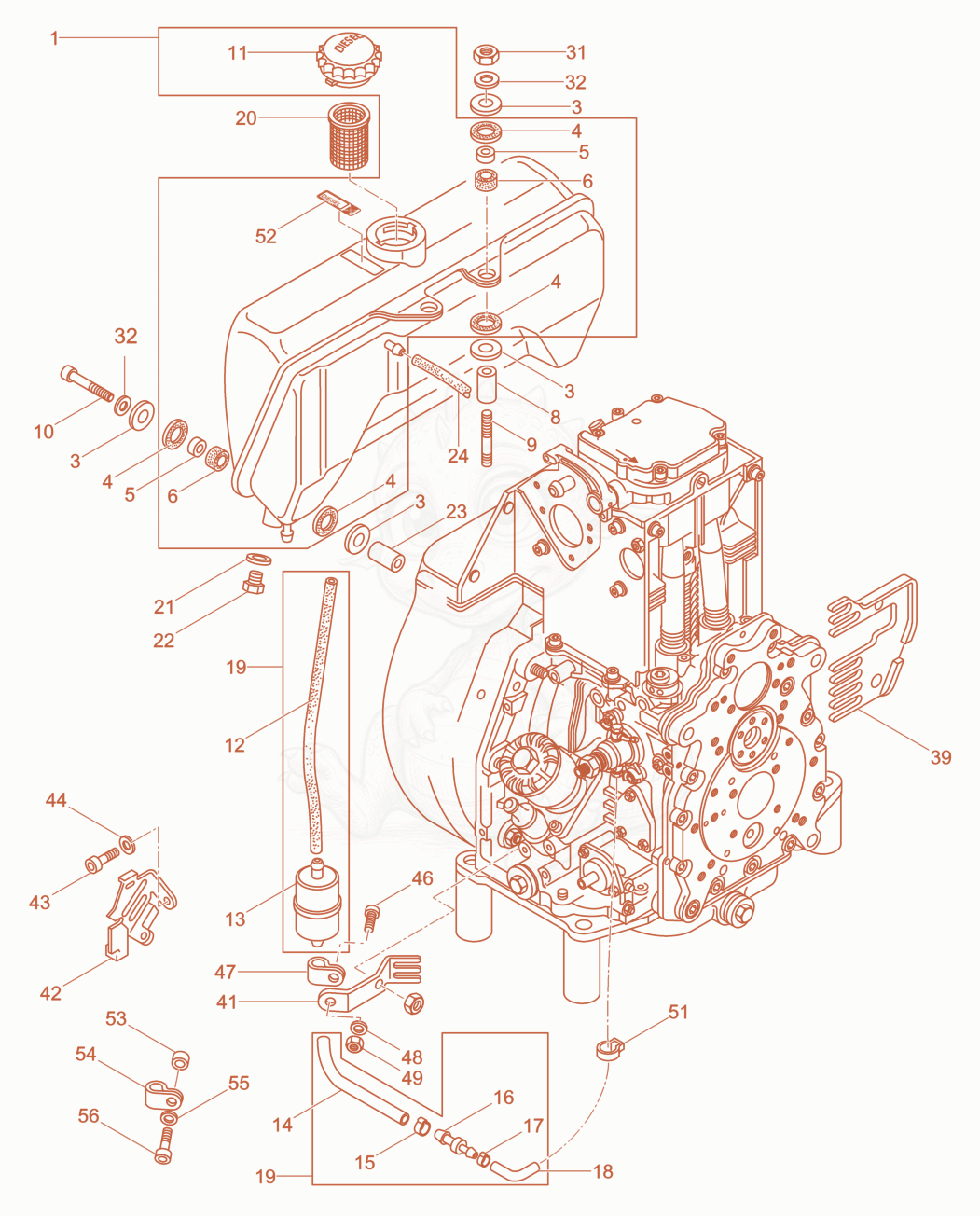 Exploded parts diagram of the Fuel System of a Wacker Neuson DPU4545H, with numbered balloons