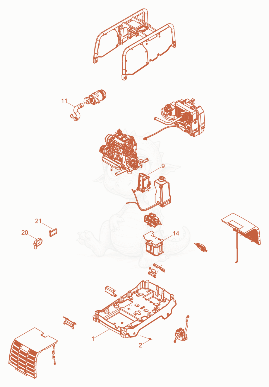 Exploded parts diagram of the Upper Mass cpl. DPU110r of a Wacker Neuson DPU110RLEC870, with numbered balloons