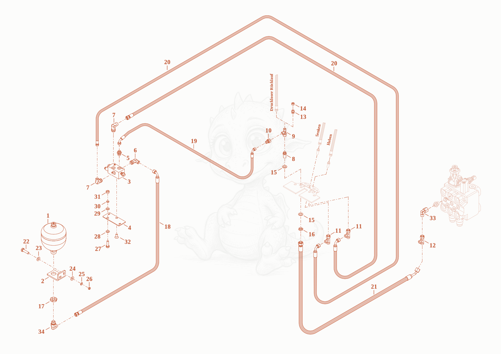 Exploded parts diagram of the HYDRAULICS of a Wacker Neuson WL28, with numbered balloons