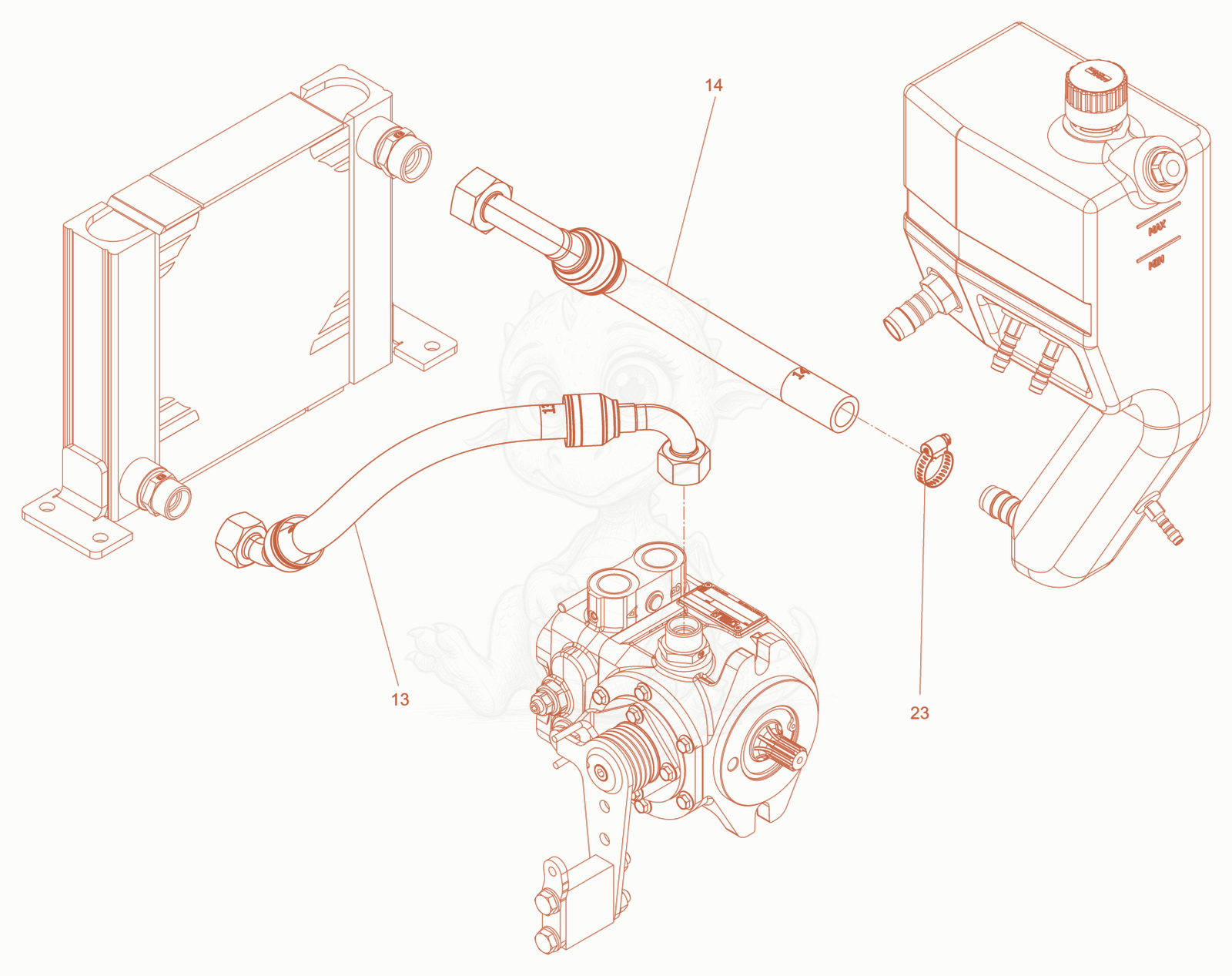 Exploded parts diagram of the Hydraulic hose - Oil Cooler of a Wacker Neuson RD10YEHFLRC, with numbered balloons