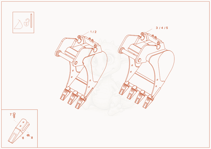 Exploded parts diagram of the bucket QHS of a Wacker Neuson 3402RDFORCE, with numbered balloons