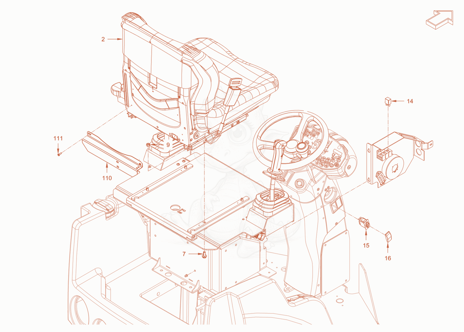 Exploded parts diagram of the operator's seat withadjustment of a Wacker Neuson RD24-100E, with numbered balloons