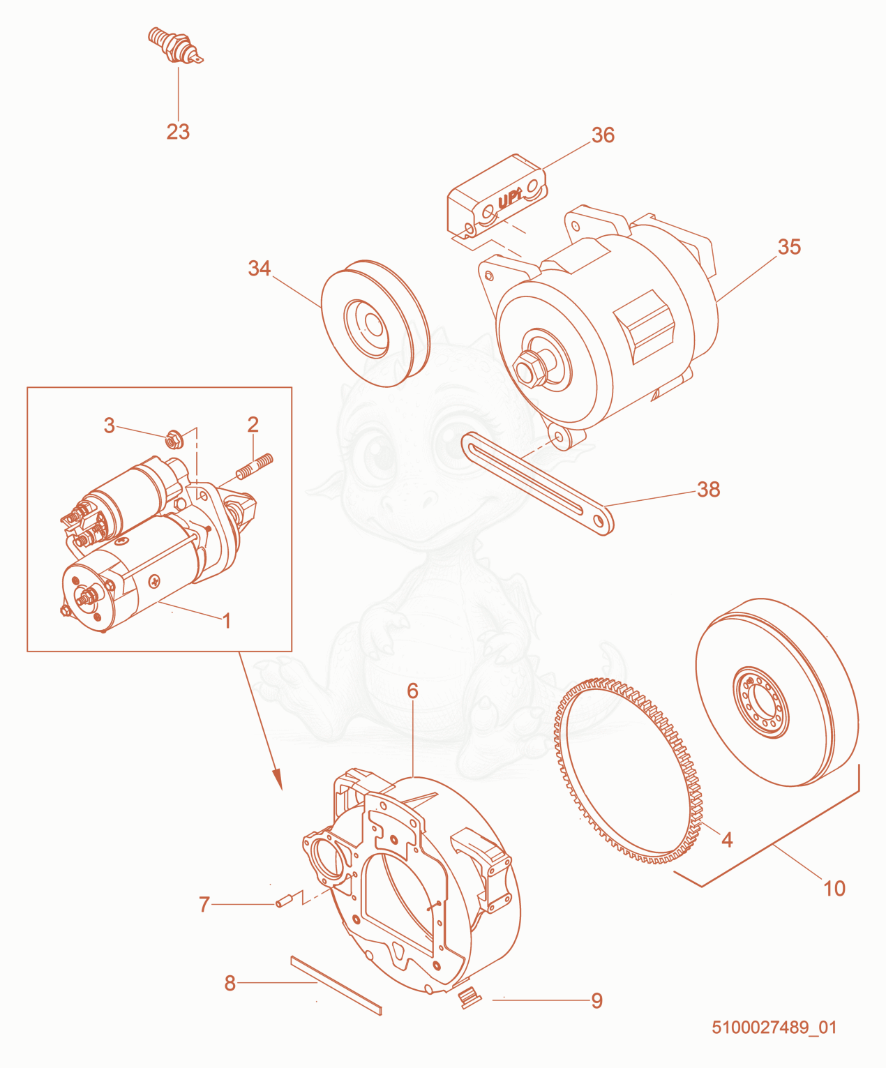 Exploded parts diagram of the Starting System of a Wacker Neuson G50, with numbered balloons