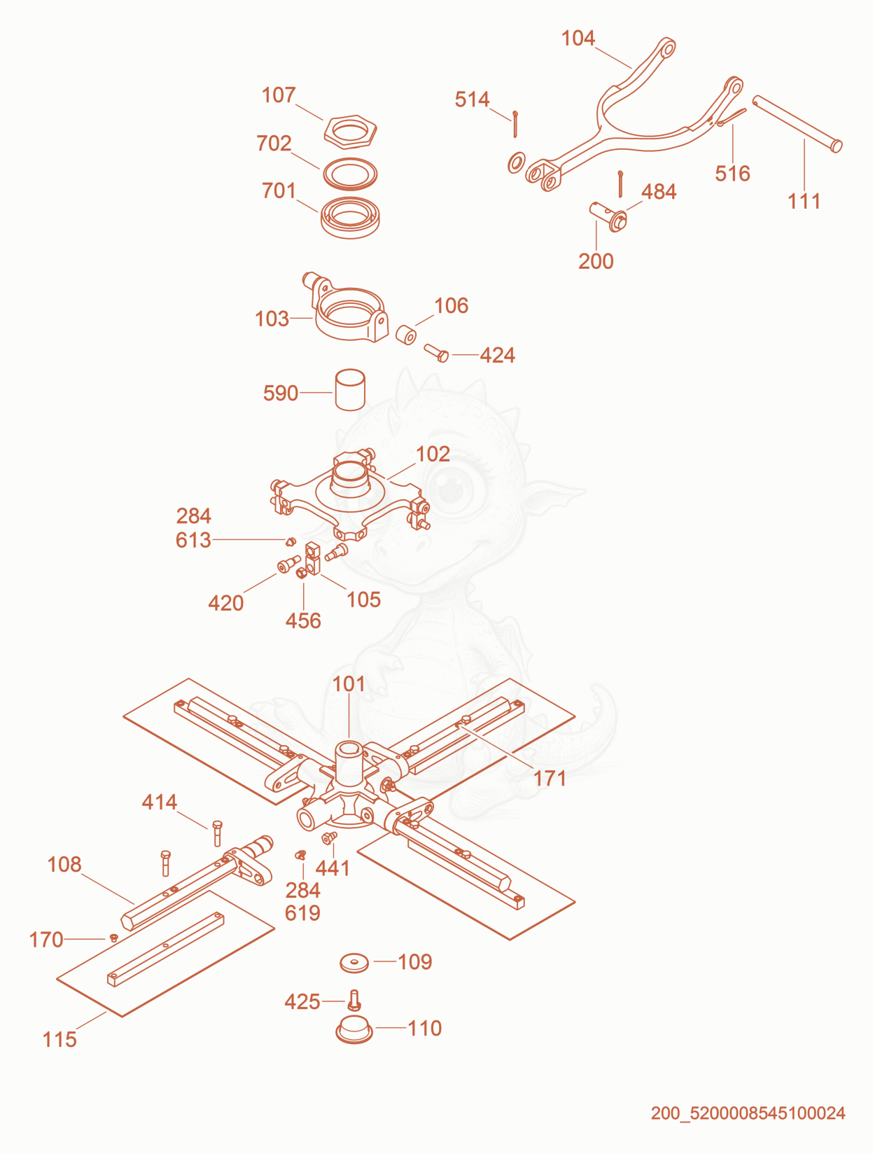 Exploded parts diagram of the Blade Mechanism-Right of a Wacker Neuson CRTV36-26A, with numbered balloons