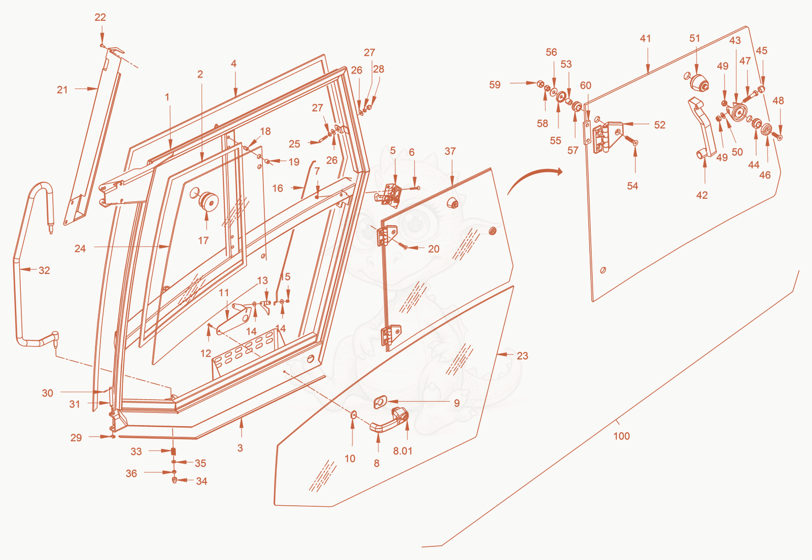 Exploded parts diagram of the driver's cabin of a Wacker Neuson RC110P, with numbered balloons